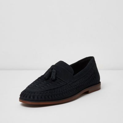 Navy blue woven leather loafers